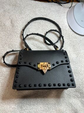 Gothic Studded Vegan Rubber Black Leather Look Crossbody Bag with Gold Hardware
